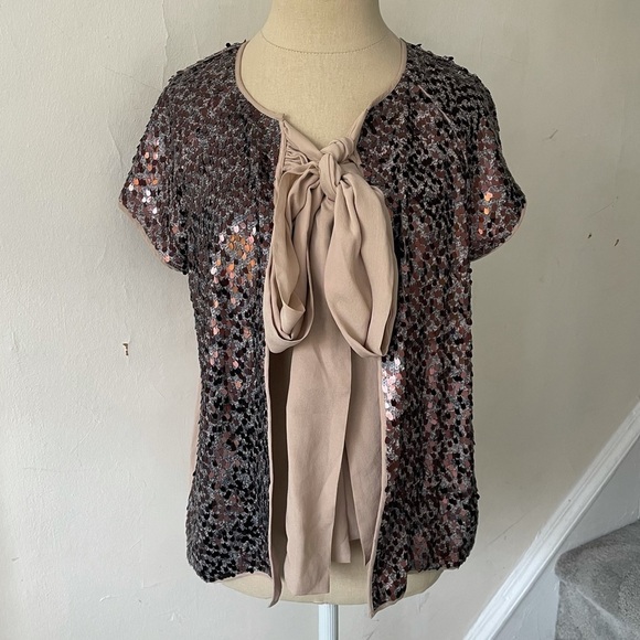 HOSS Intropia Antique Mauve Sequin Silk Short Sleeve Tie Front Evening Jacket 8 - Picture 1 of 7